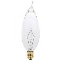 25 WATT CA8 INCANDESCENT CLEAR 1500 AVERAGE RATED HOURS 210 LUMENS CANDELABRA BASE 120 VOLTS